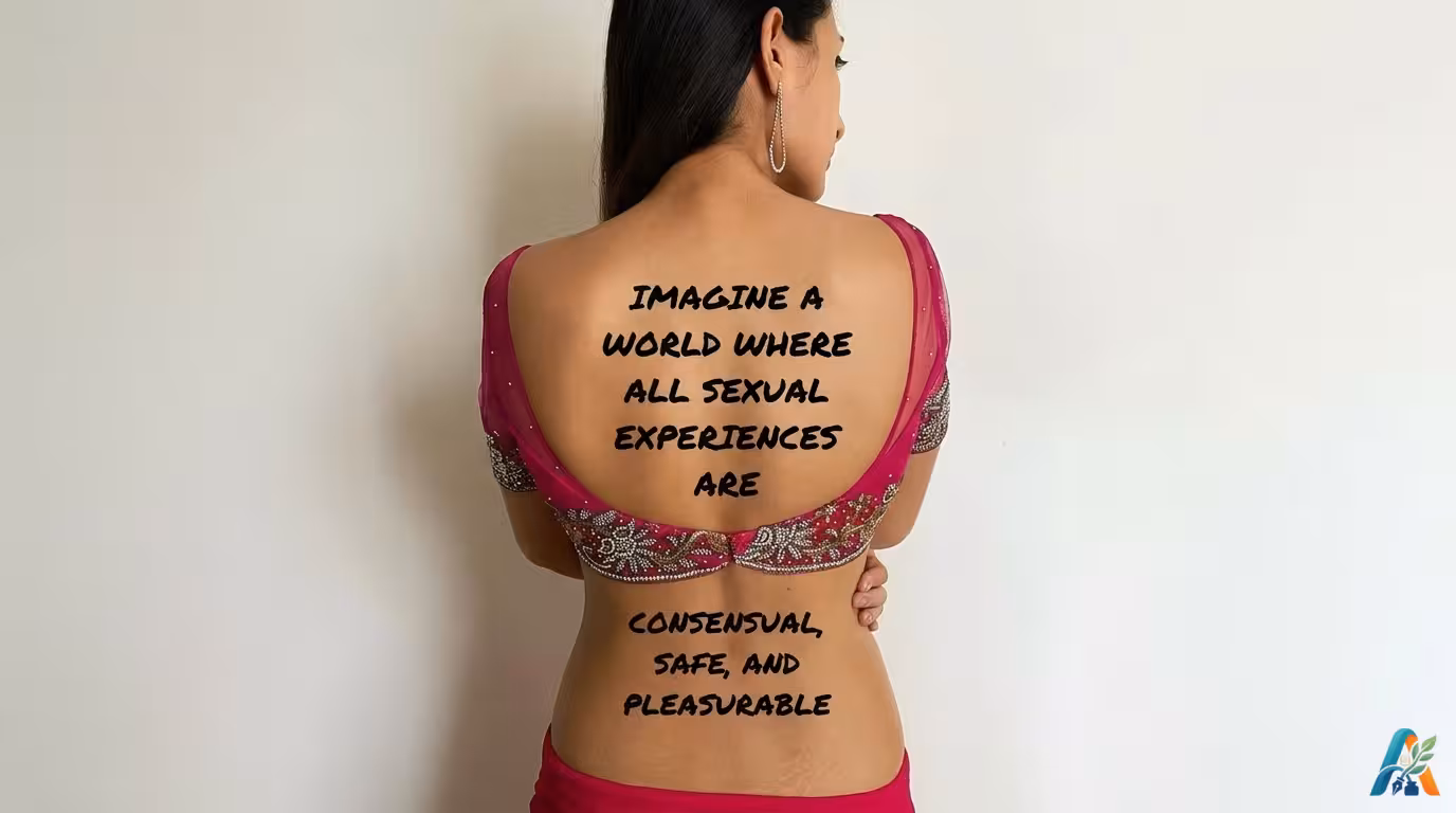 Foto tampak belakang seorang wanita mengenakan atasan pink dengan teks tentang pengalaman seksual yang konsensual, aman, dan menyenangkan.