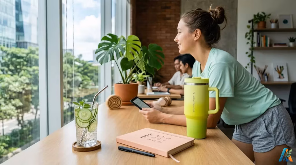 Perempuan berolahraga minum air dari tumbler besar di meja kerja kantor minimalis Jakarta dengan suasana sehat, segar, dan produktif.