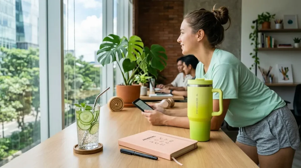 Perempuan berolahraga minum air dari tumbler besar di meja kerja kantor minimalis Jakarta dengan suasana sehat, segar, dan produktif.
