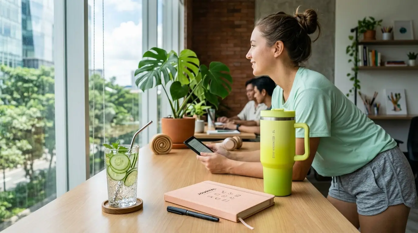 Perempuan berolahraga minum air dari tumbler besar di meja kerja kantor minimalis Jakarta dengan suasana sehat, segar, dan produktif.