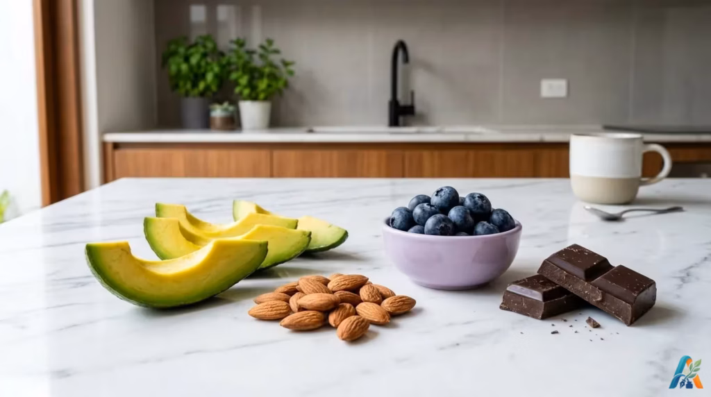 Flat lay artistik bahan makanan sehat: alpukat, almond, bluberi, cokelat hitam di atas meja marmer putih dengan latar dapur modern minimalis.