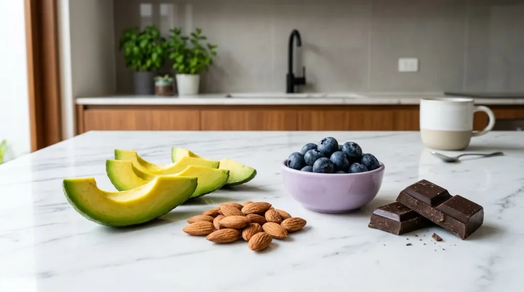 Flat lay artistik bahan makanan sehat: alpukat, almond, bluberi, cokelat hitam di atas meja marmer putih dengan latar dapur modern minimalis.