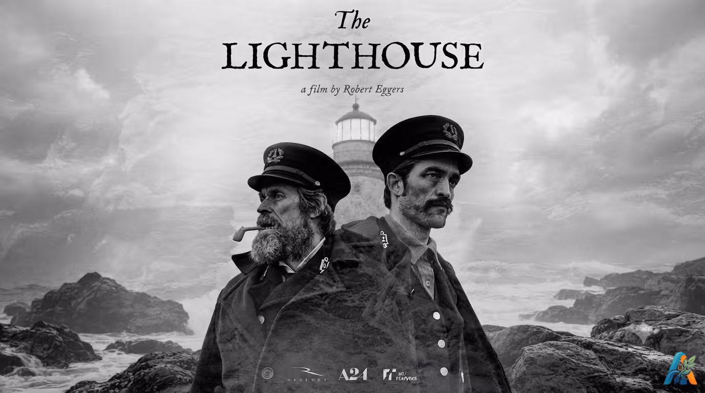 Poster film The Lighthouse (2019), menampilkan Willem Dafoe (pipa roket) dan Robert Pattinson, dengan mercusuar di latar belakang, hitam putih.