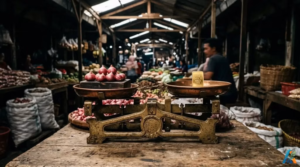 Timbangan kuno yang membandingkan nilai bawang dan emas, melambangkan ironi keserakahan manusia