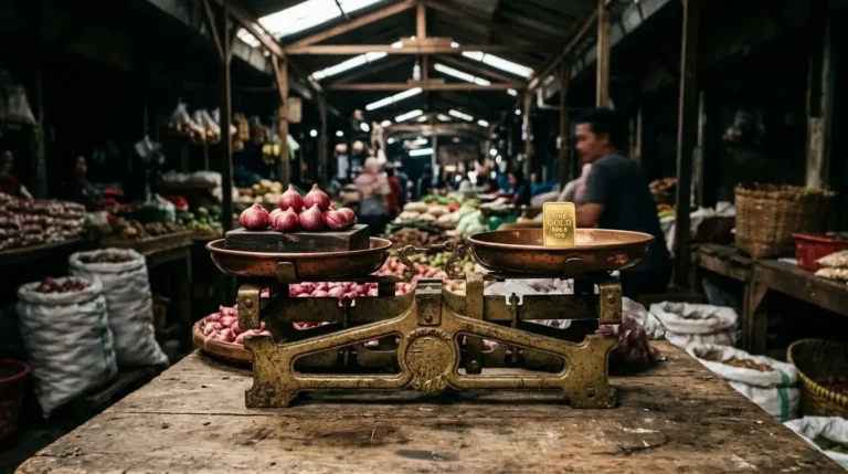 Timbangan kuno yang membandingkan nilai bawang dan emas, melambangkan ironi keserakahan manusia