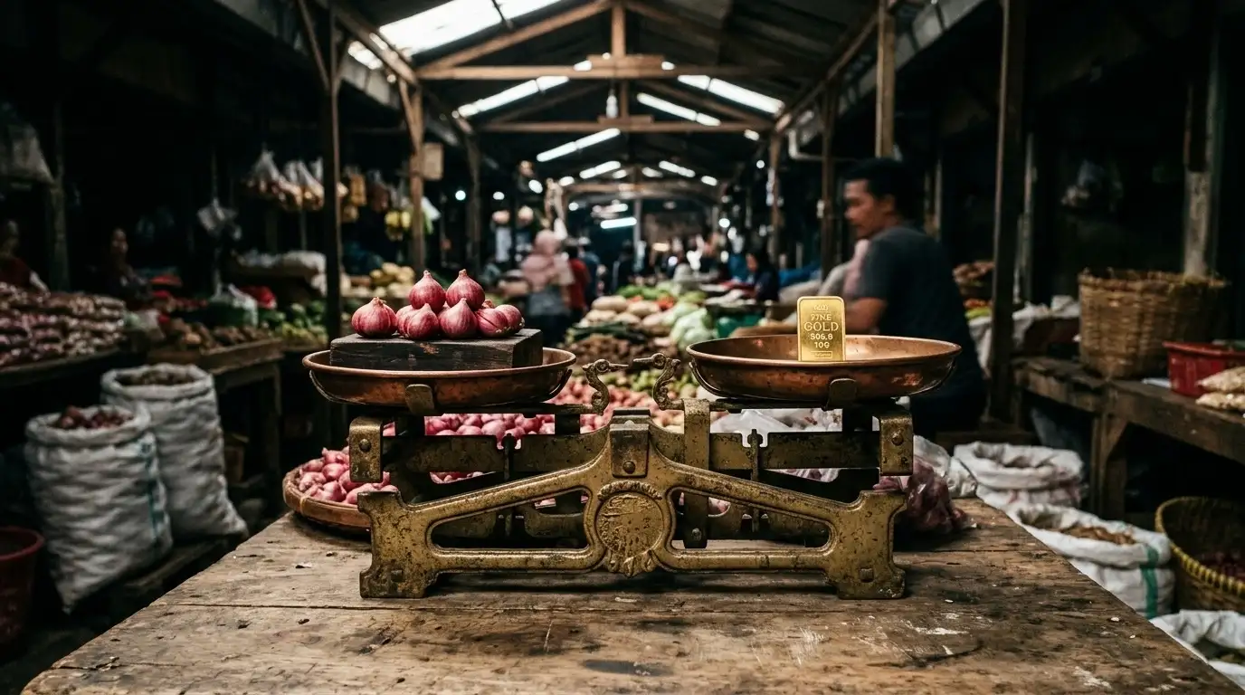 Timbangan kuno yang membandingkan nilai bawang dan emas, melambangkan ironi keserakahan manusia