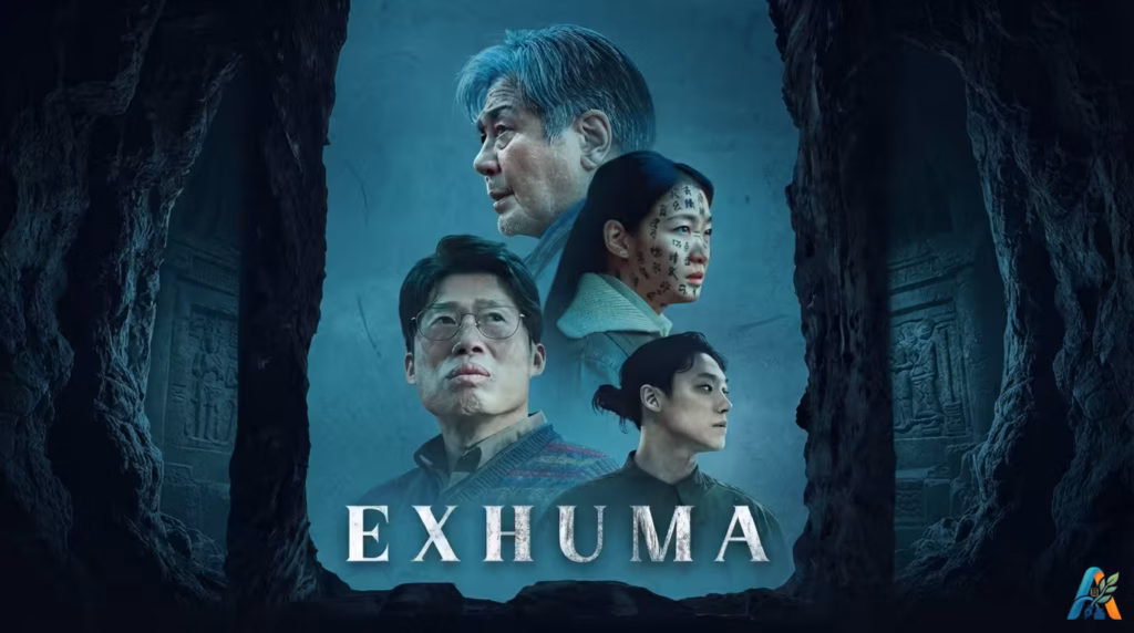 Poster film Korea Exhuma menampilkan empat karakter utama di tengah suasana misterius dengan aksara Tiongkok di wajah sang wanita