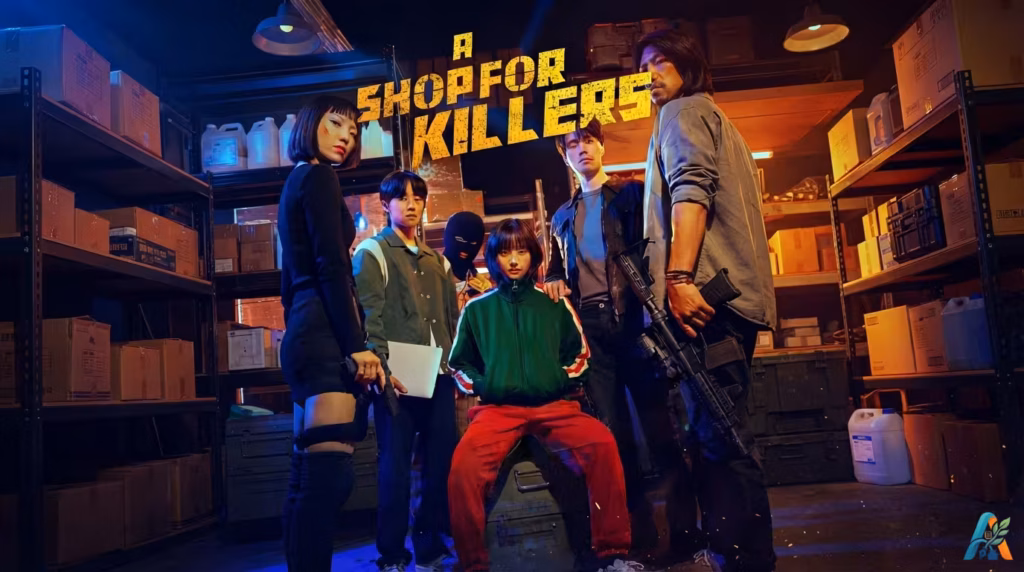 Poster drama Korea A Shop for Killers menampilkan para pemeran utama di gudang dengan pencahayaan gelap dan judul film berwarna kuning.