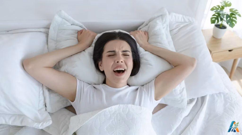Ekspresi seorang wanita berbaring di atas kasur menggambarkan puncak kenikmatan seks atau orgasme.