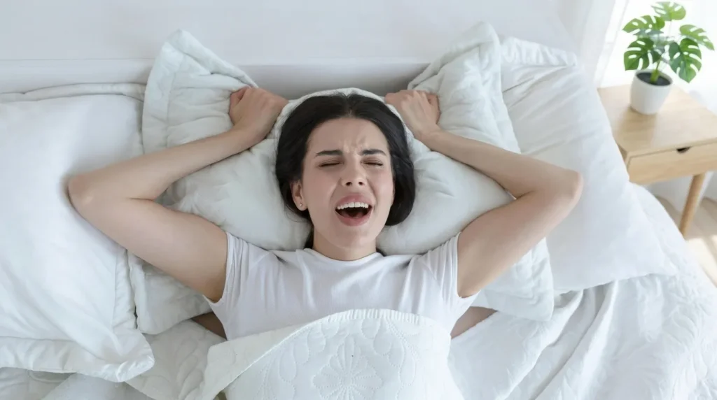 Ekspresi seorang wanita berbaring di atas kasur menggambarkan puncak kenikmatan seks atau orgasme.