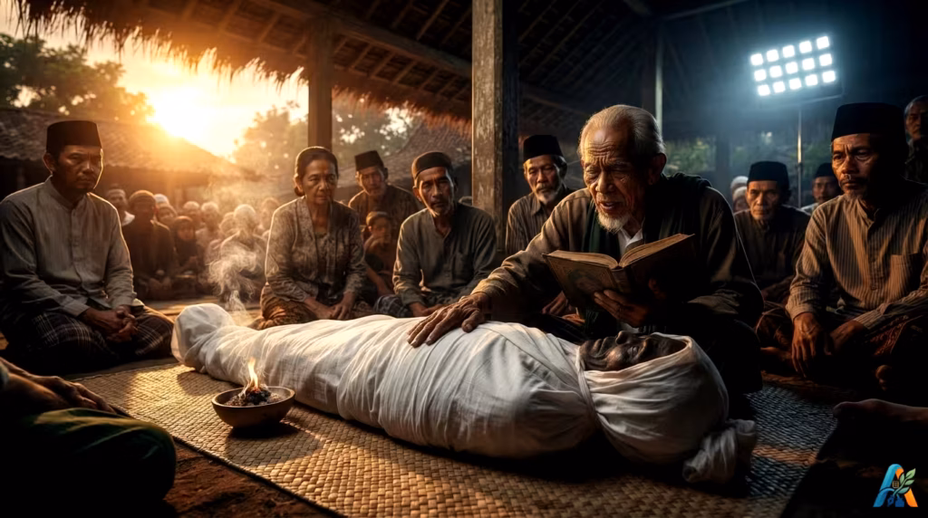 Prosesi Sumpah Pocong di Jawa: Tokoh agama membimbing sumpah sakral pada orang yang dikafani di hadapan warga desa saat senja.