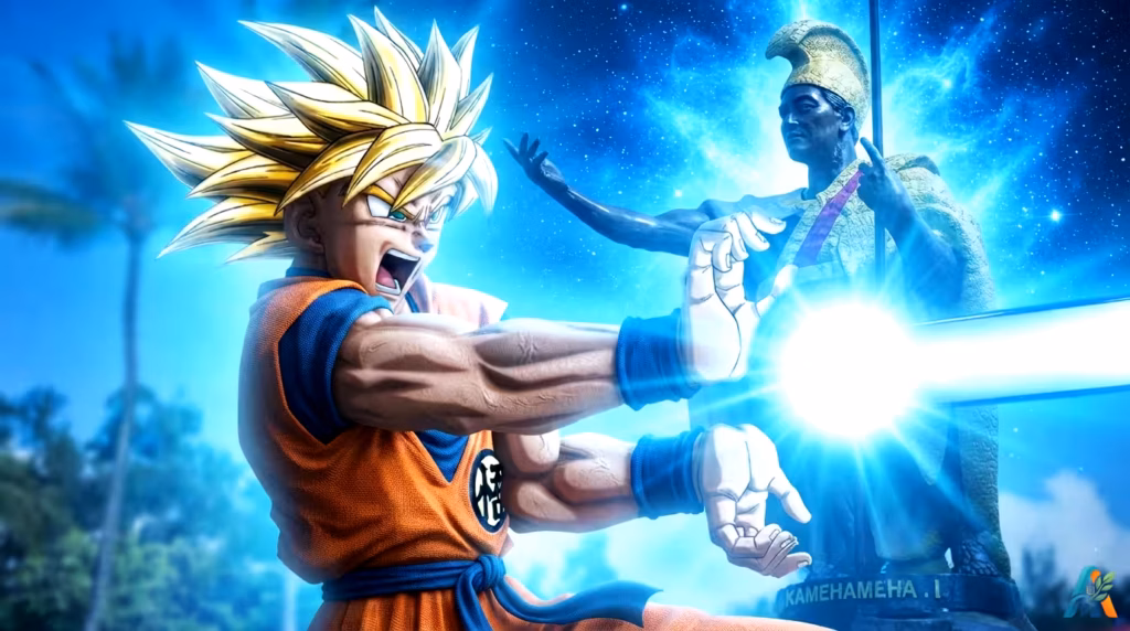 Goku Super Saiyan mengeluarkan jurus Kamehameha dengan latar belakang patung Raja Kamehameha I Hawaii dan cahaya biru terang.