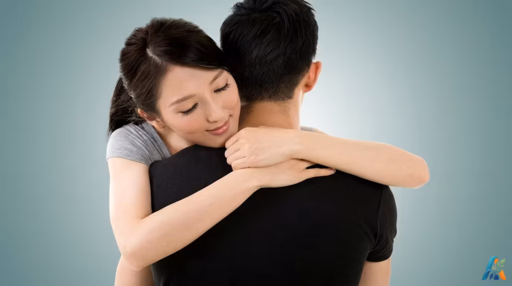 Pasangan muda yang sedang berpelukan hangat, menunjukkan kasih sayang dan keintiman dalam hubungan yang romantis.