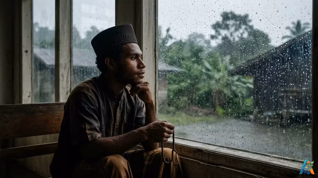 Close-up butiran air hujan di kaca jendela dengan latar belakang samar pria Papua duduk termenung menatap ke luar saat hujan deras, foto dokumenter
