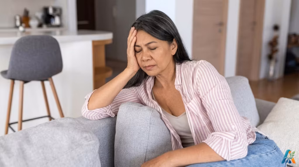 Wanita paruh baya Asia duduk di sofa abu-abu, memegang dahi, mata tertutup, tampak sakit kepala atau stres di dalam rumah.