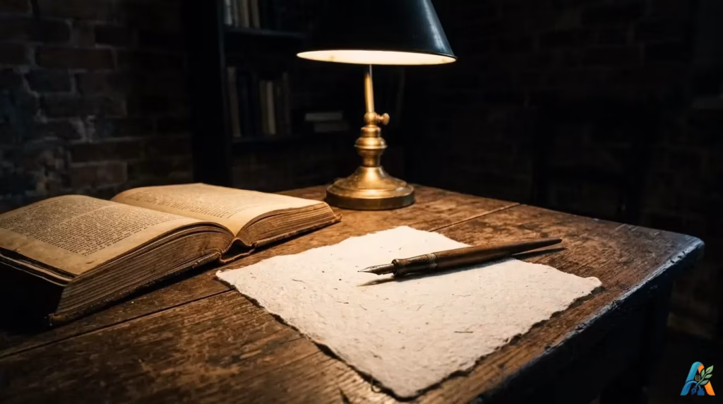 Meja kerja kayu tua dengan pena tua, kertas kosong kasar, dan kitab terbuka di bawah cahaya lampu meja chiaroscuro temaram di ruangan gelap, foto dokumenter.