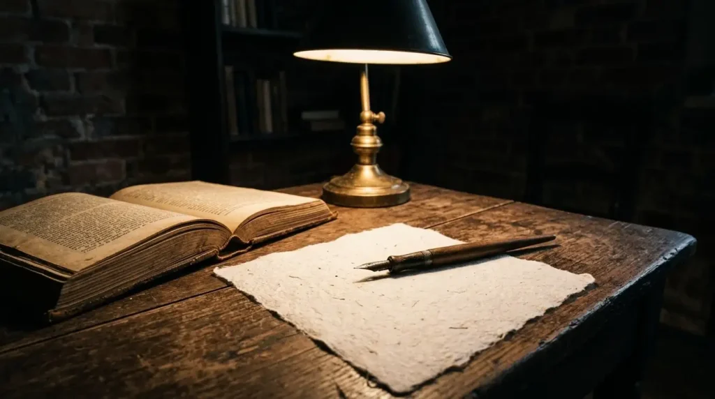 Meja kerja kayu tua dengan pena tua, kertas kosong kasar, dan kitab terbuka di bawah cahaya lampu meja chiaroscuro temaram di ruangan gelap, foto dokumenter.