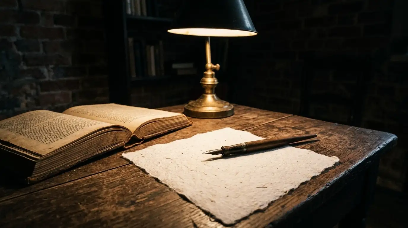 Meja kerja kayu tua dengan pena tua, kertas kosong kasar, dan kitab terbuka di bawah cahaya lampu meja chiaroscuro temaram di ruangan gelap, foto dokumenter.