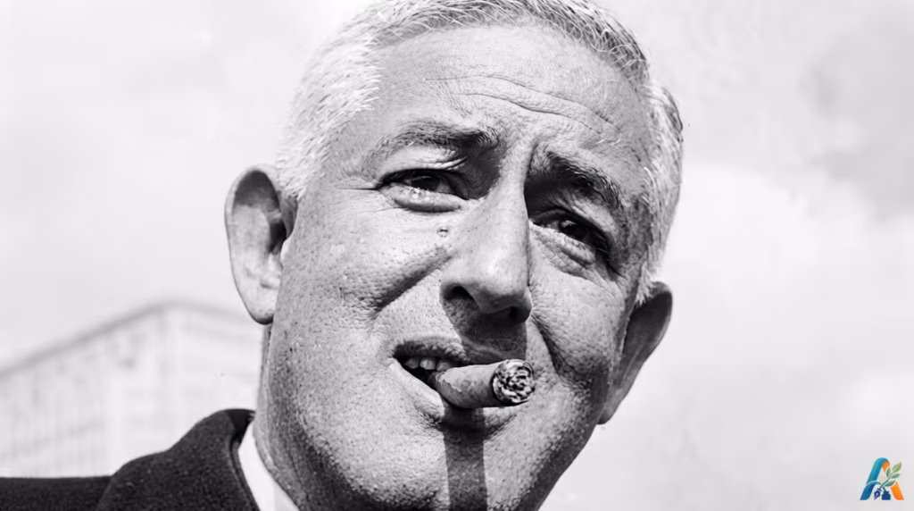 Potret hitam putih William Castle, sutradara film horor legendaris, dengan ekspresi khas dan sedang merokok cerutu