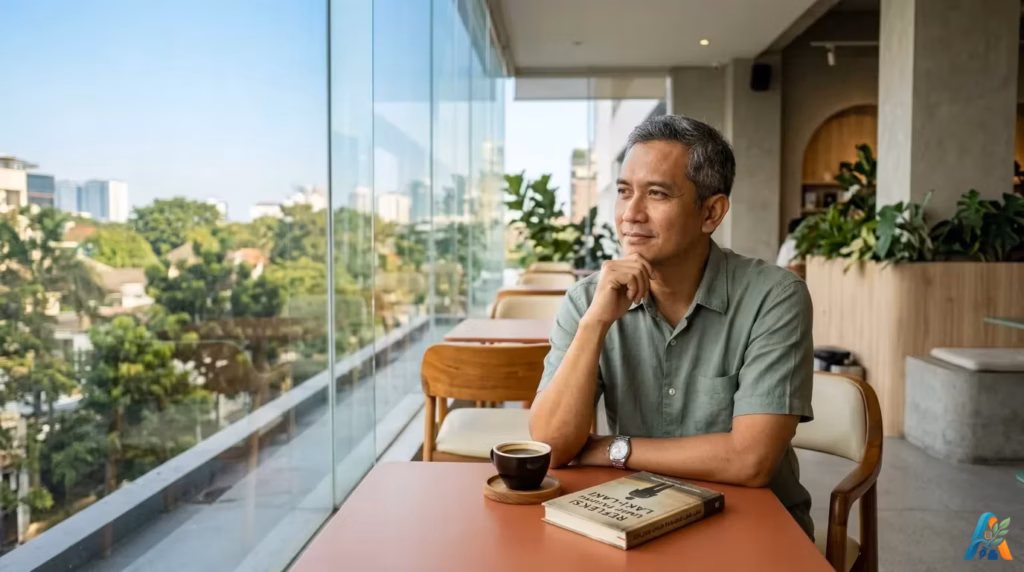 Pria paruh baya merenung di kafe outdoor sambil memegang dagu, cangkir kopi dan buku di atas meja, latar belakang gedung perkotaan.