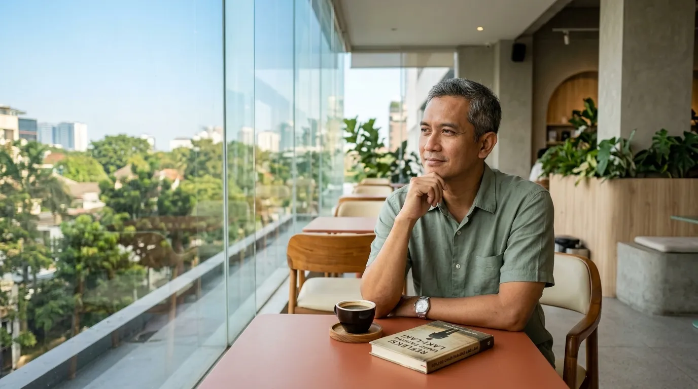 Pria paruh baya merenung di kafe outdoor sambil memegang dagu, cangkir kopi dan buku di atas meja, latar belakang gedung perkotaan.