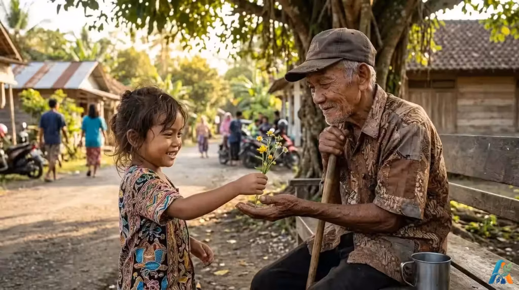 Anak perempuan tersenyum memberikan bunga liar kepada kakek pengemis yang duduk di bangku kayu di desa di Indonesia saat matahari sore.