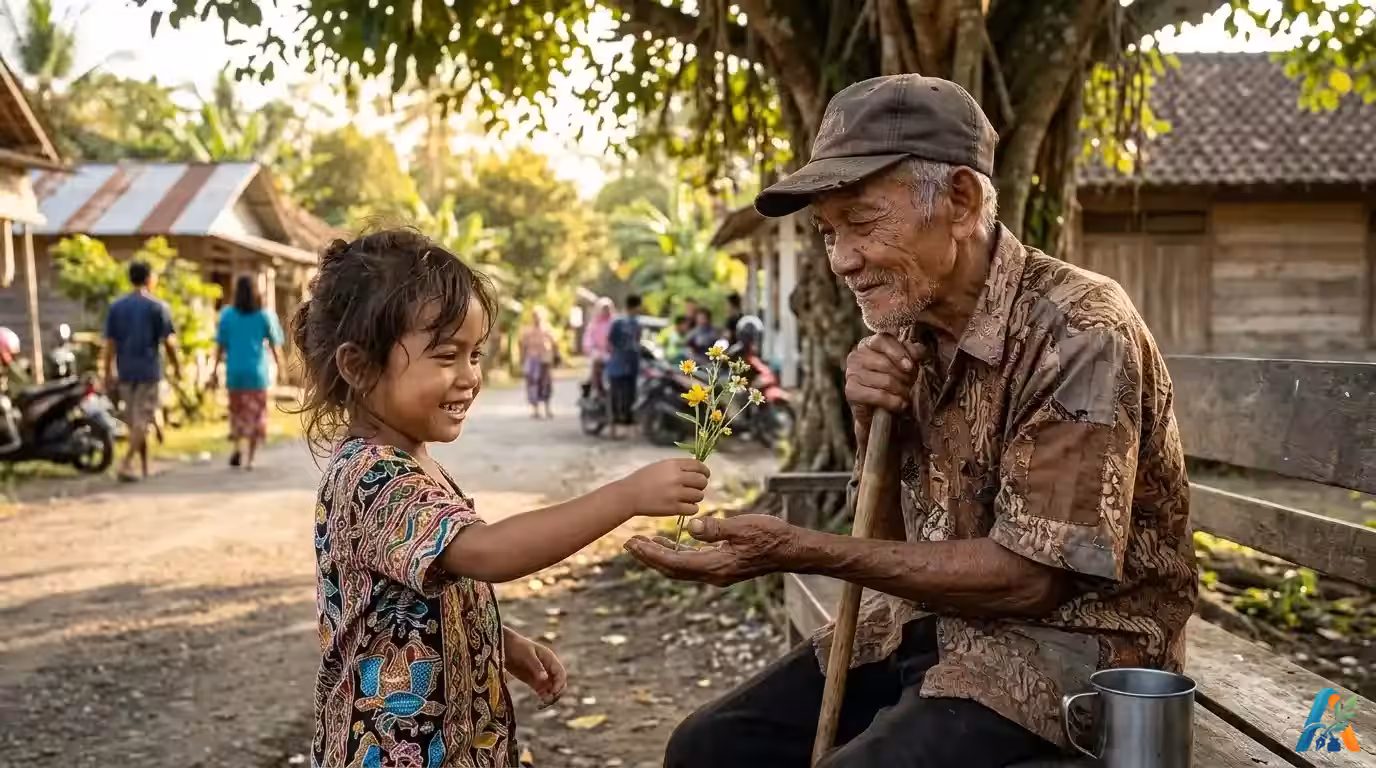 Anak perempuan tersenyum memberikan bunga liar kepada kakek pengemis yang duduk di bangku kayu di desa di Indonesia saat matahari sore.