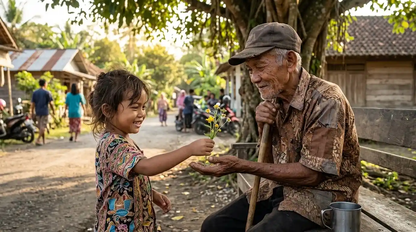 Anak perempuan tersenyum memberikan bunga liar kepada kakek pengemis yang duduk di bangku kayu di desa di Indonesia saat matahari sore.