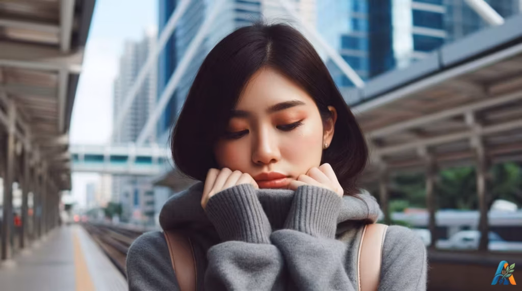 Seorang wanita muda tampak introspektif dan sensitif saat berada di stasiun kota, mencerminkan karakter Highly Sensitive Person (HSP) yang mendalam.