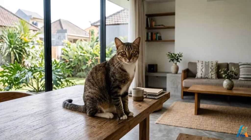 Kucing belang tabby duduk di meja makan kayu jati, menatap kamera di ruang tamu modern tropis dengan jendela kaca besar dan taman hijau.