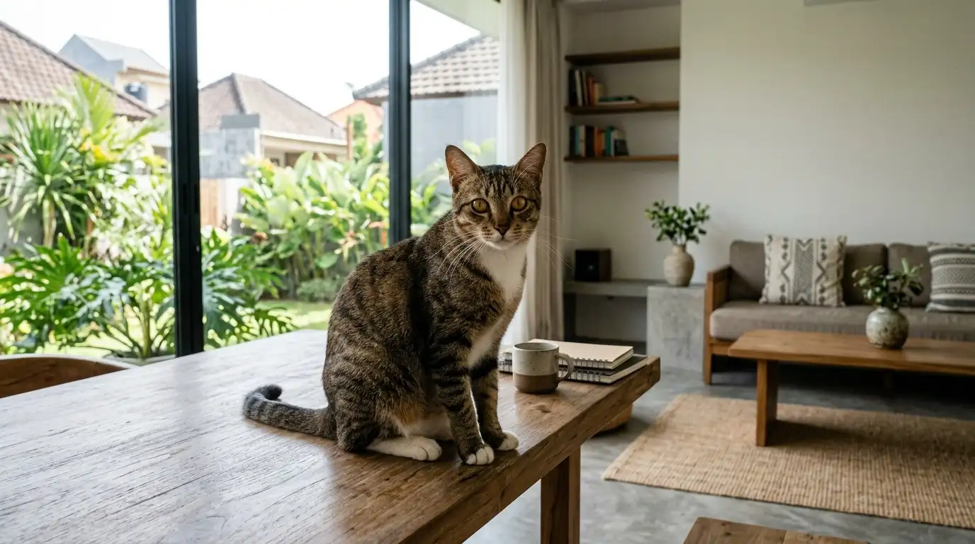 Kucing belang tabby duduk di meja makan kayu jati, menatap kamera di ruang tamu modern tropis dengan jendela kaca besar dan taman hijau.