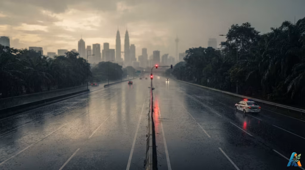 Mobil polisi melaju di jalan tol basah saat hujan dengan latar belakang cakrawala kota Kuala Lumpur yang berkabut di sore hari.