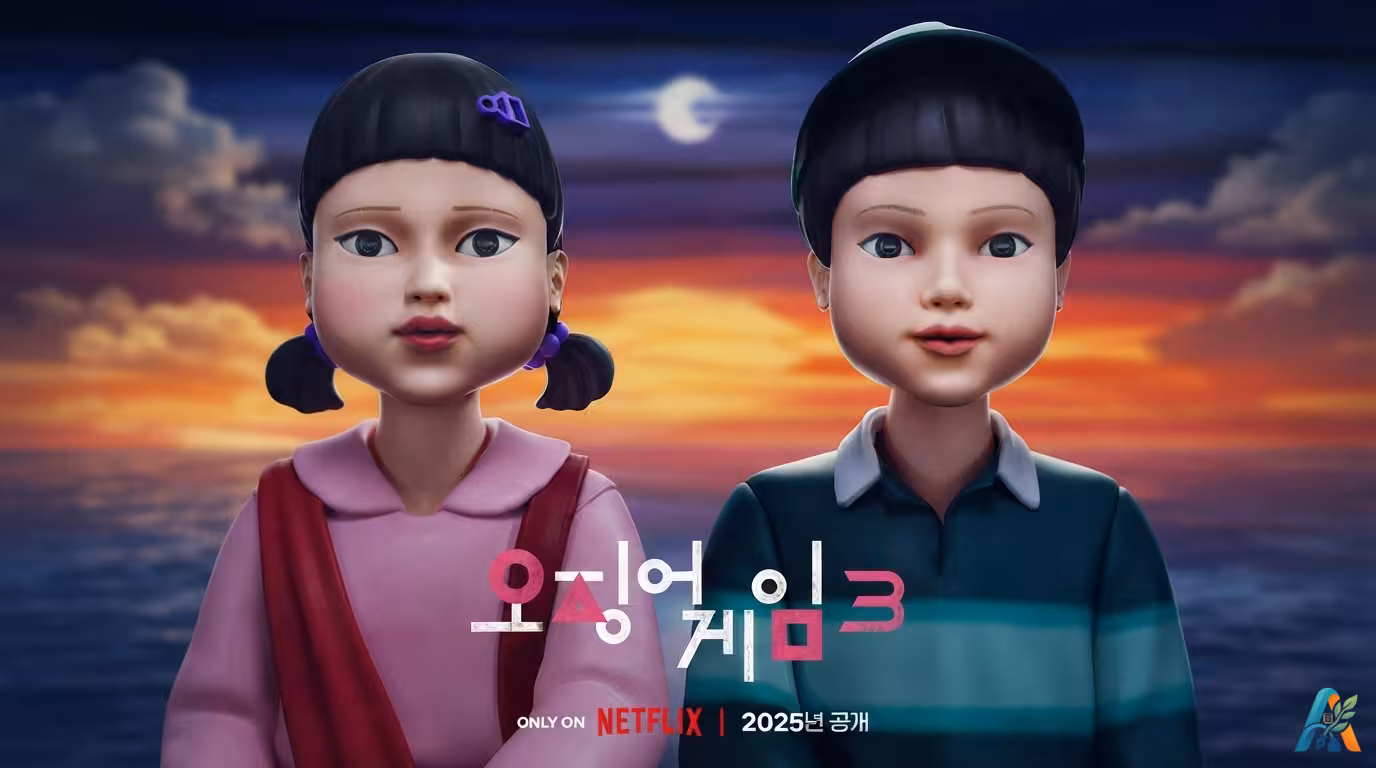 Poster teaser Squid Game Season 3 menampilkan dua boneka menyerupai karakter utama dengan latar belakang matahari terbenam.