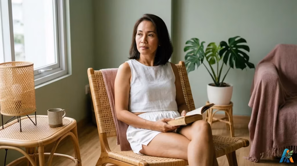 Seorang perempuan matang sedang duduk santai di kursi rotan sambil memegang buku di dalam ruangan estetik.
