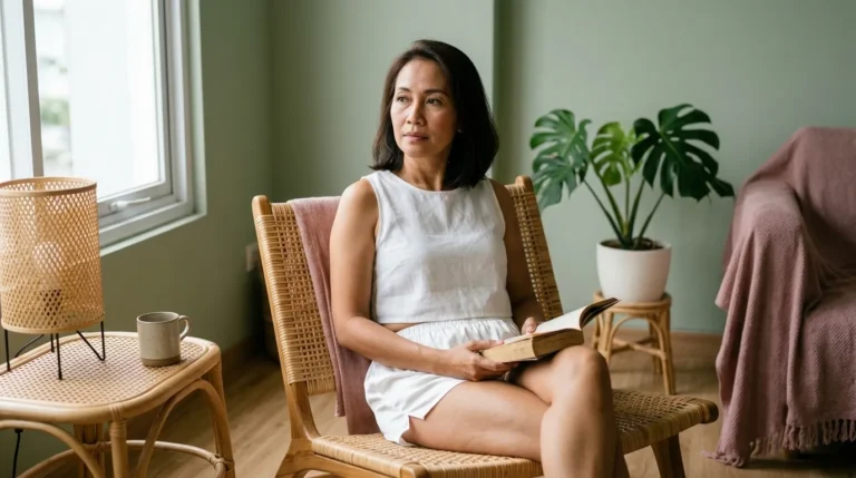 Seorang perempuan matang sedang duduk santai di kursi rotan sambil memegang buku di dalam ruangan estetik.