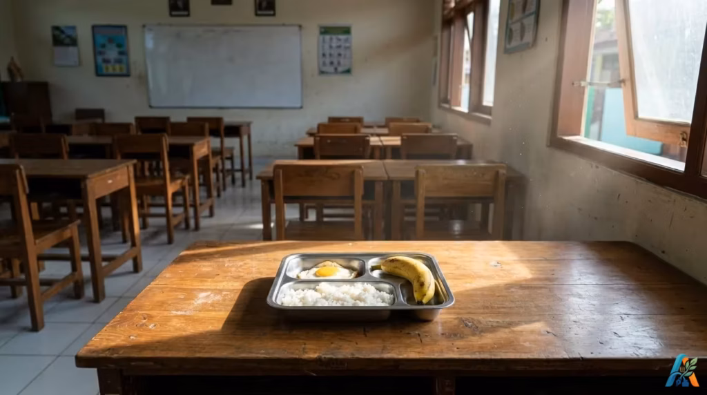 Ompreng makanan bergizi dengan telur dan pisang di atas meja kayu di ruang kelas SD Indonesia yang sunyi di pagi hari.