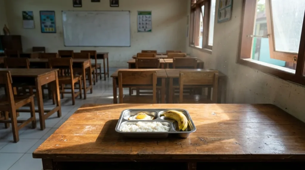 Ompreng makanan bergizi dengan telur dan pisang di atas meja kayu di ruang kelas SD Indonesia yang sunyi di pagi hari.