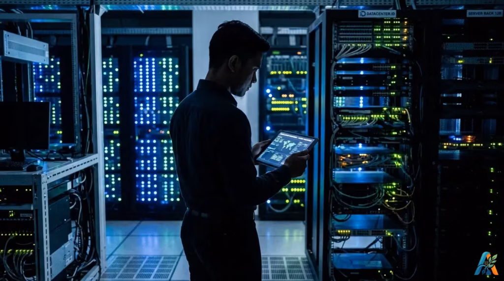Seorang eksekutif di ruang pusat data modern merefleksikan masa depan kedaulatan digital Indonesia di tengah perdebatan negosiasi dagang internasional.