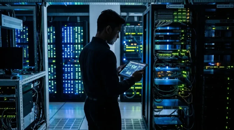 Seorang eksekutif di ruang pusat data modern merefleksikan masa depan kedaulatan digital Indonesia di tengah perdebatan negosiasi dagang internasional.