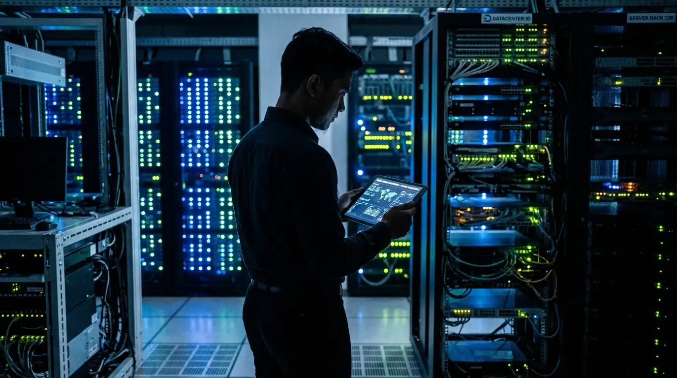 Seorang eksekutif di ruang pusat data modern merefleksikan masa depan kedaulatan digital Indonesia di tengah perdebatan negosiasi dagang internasional.