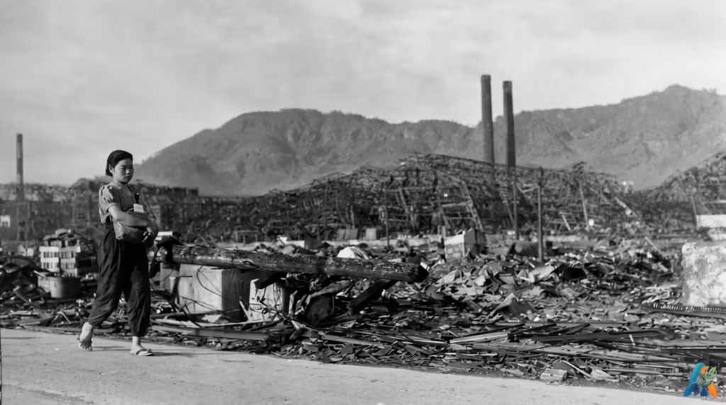 Perempuan hibakusha berjalan melewati reruntuhan bangunan akibat bom atom Nagasaki.