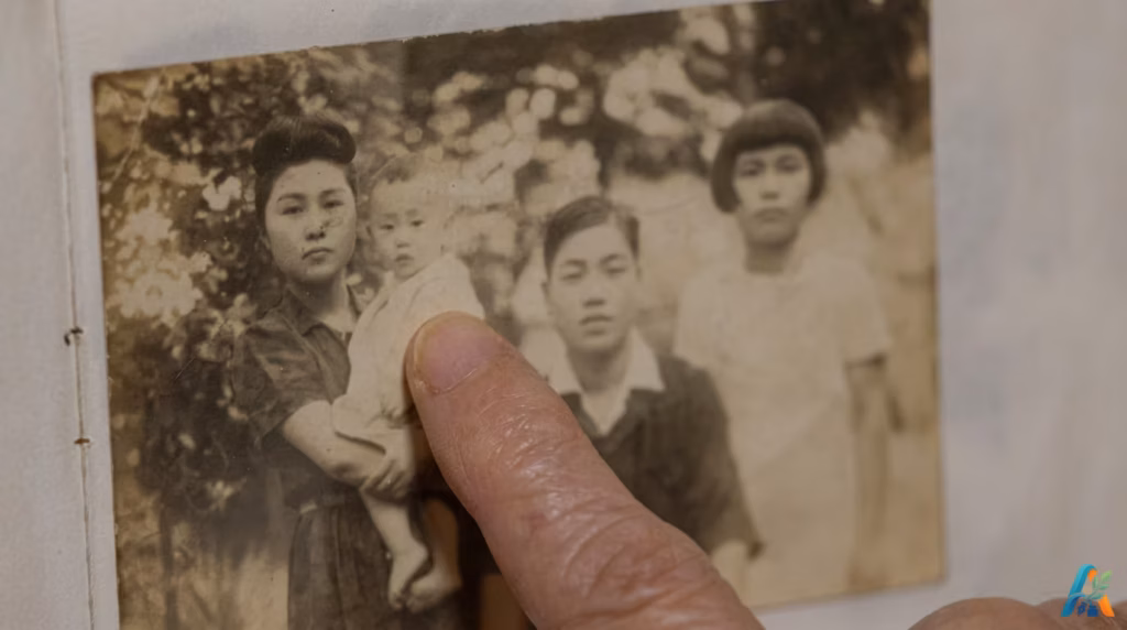 Jari menunjuk foto lawas Kikuyo Nakamura bersama putranya, Hiroshi yang lahir tiga tahun pasca bom atom Nagasaki.