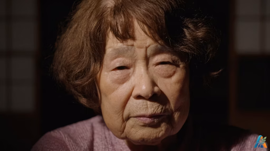 Close-up Mitsuko Yoshimura, penyintas bom atom hibakusha dengan ekspresi wajah penuh ketabahan dan kesedihan mendalam.