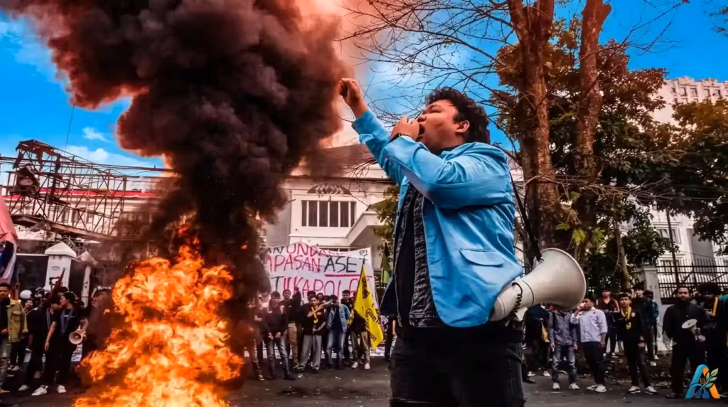 Suasana aksi unjuk rasa yang intens di Bandung, di mana semangat orasi demonstran berpadu dengan api yang membakar di tengah tuntutan aspirasi.