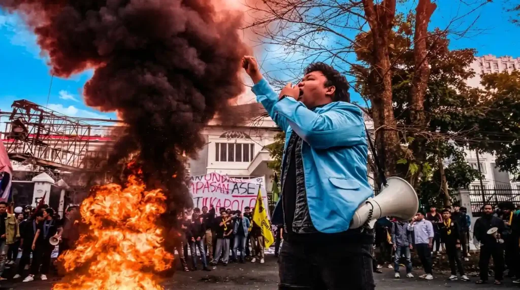 Suasana aksi unjuk rasa yang intens di Bandung, di mana semangat orasi demonstran berpadu dengan api yang membakar di tengah tuntutan aspirasi.