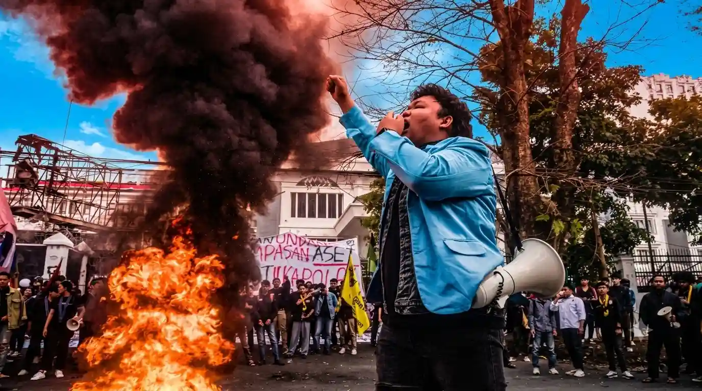 Suasana aksi unjuk rasa yang intens di Bandung, di mana semangat orasi demonstran berpadu dengan api yang membakar di tengah tuntutan aspirasi.