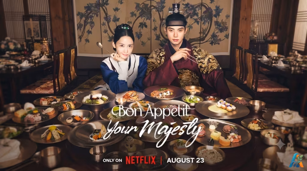 Poster drama Korea Netflix berjudul "Bon Appétit, Your Majesty", menampilkan pria dan wanita dalam pakaian kerajaan di meja penuh hidangan.