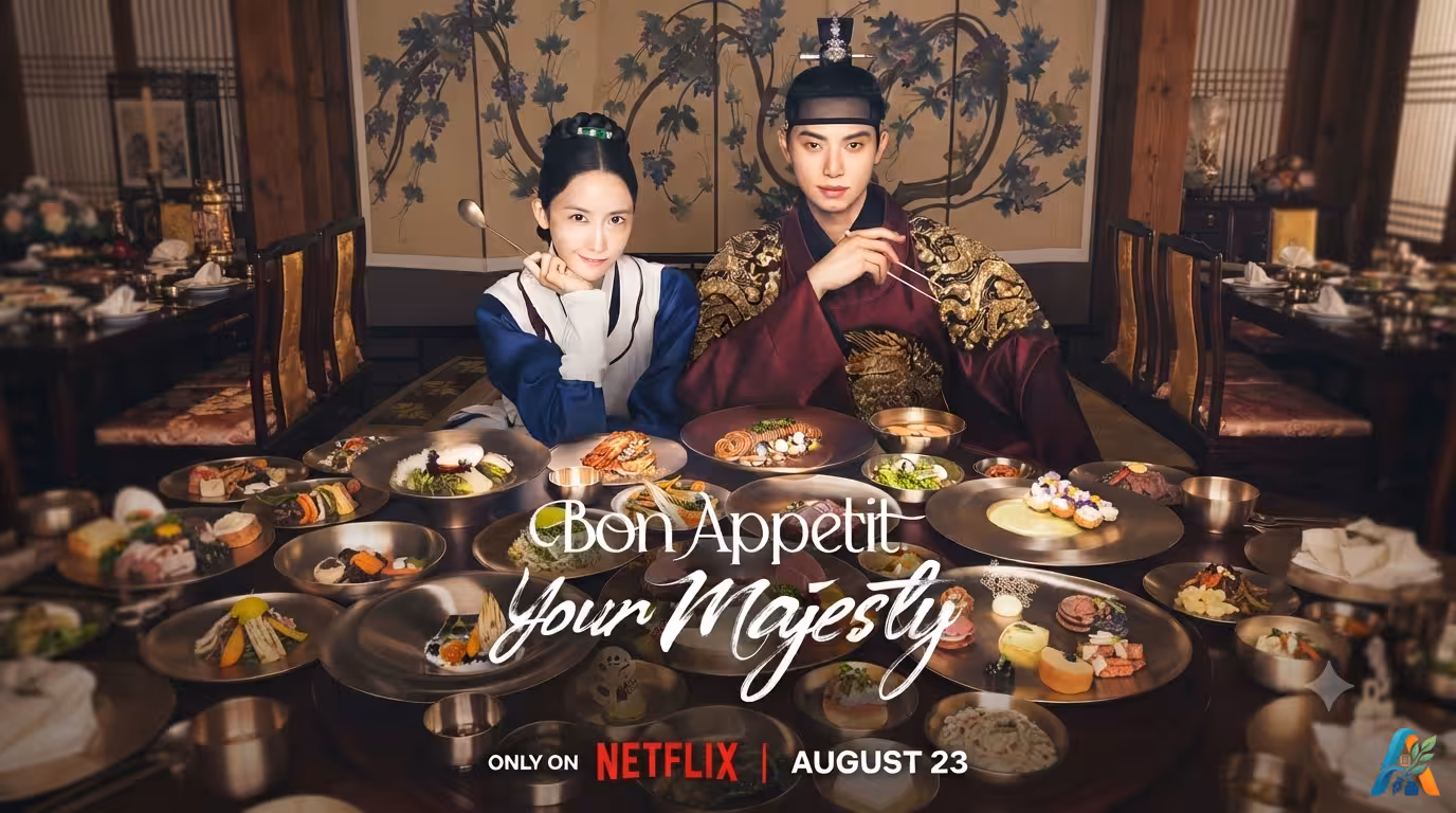Poster drama Korea Netflix berjudul "Bon Appétit, Your Majesty", menampilkan pria dan wanita dalam pakaian kerajaan di meja penuh hidangan.