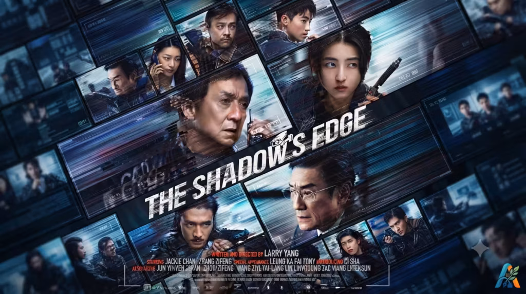 Poster film The Shadow's Edge (2025) menampilkan Jackie Chan dan jajaran pemain dalam bingkai layar pengawasan digital yang penuh ketegangan.