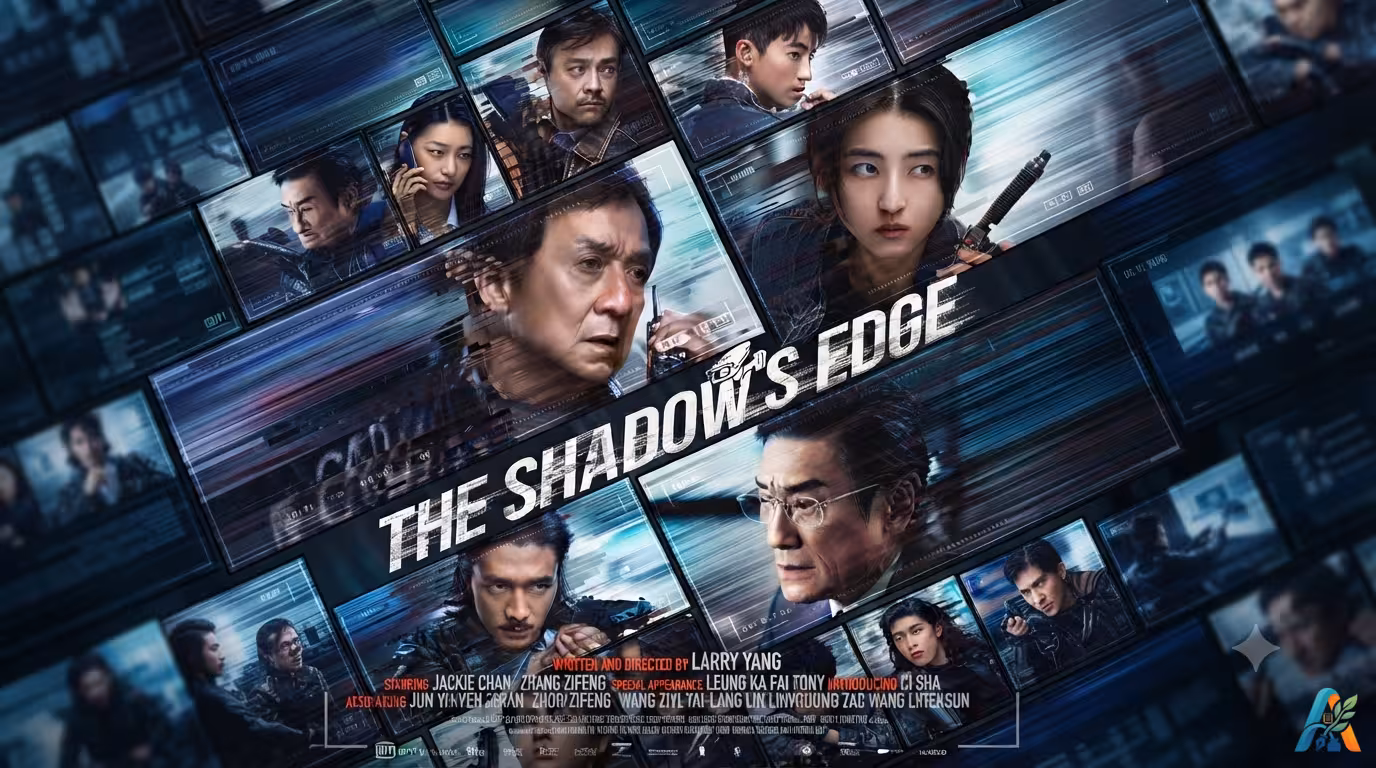 Poster film The Shadow's Edge (2025) menampilkan Jackie Chan dan jajaran pemain dalam bingkai layar pengawasan digital yang penuh ketegangan.